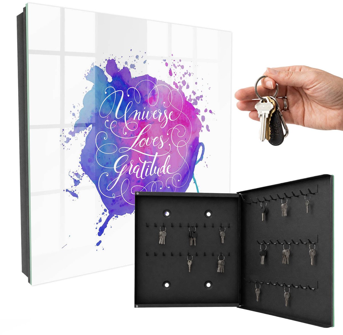 WallMuralia - Sleutelkast - 30x30x5 cm - met 50 haken - Het Universum Houdt Van Dankbaarheid. Sleutelkastje - Paars Sleutelbox - Rechtsopenend - Zwart interieur