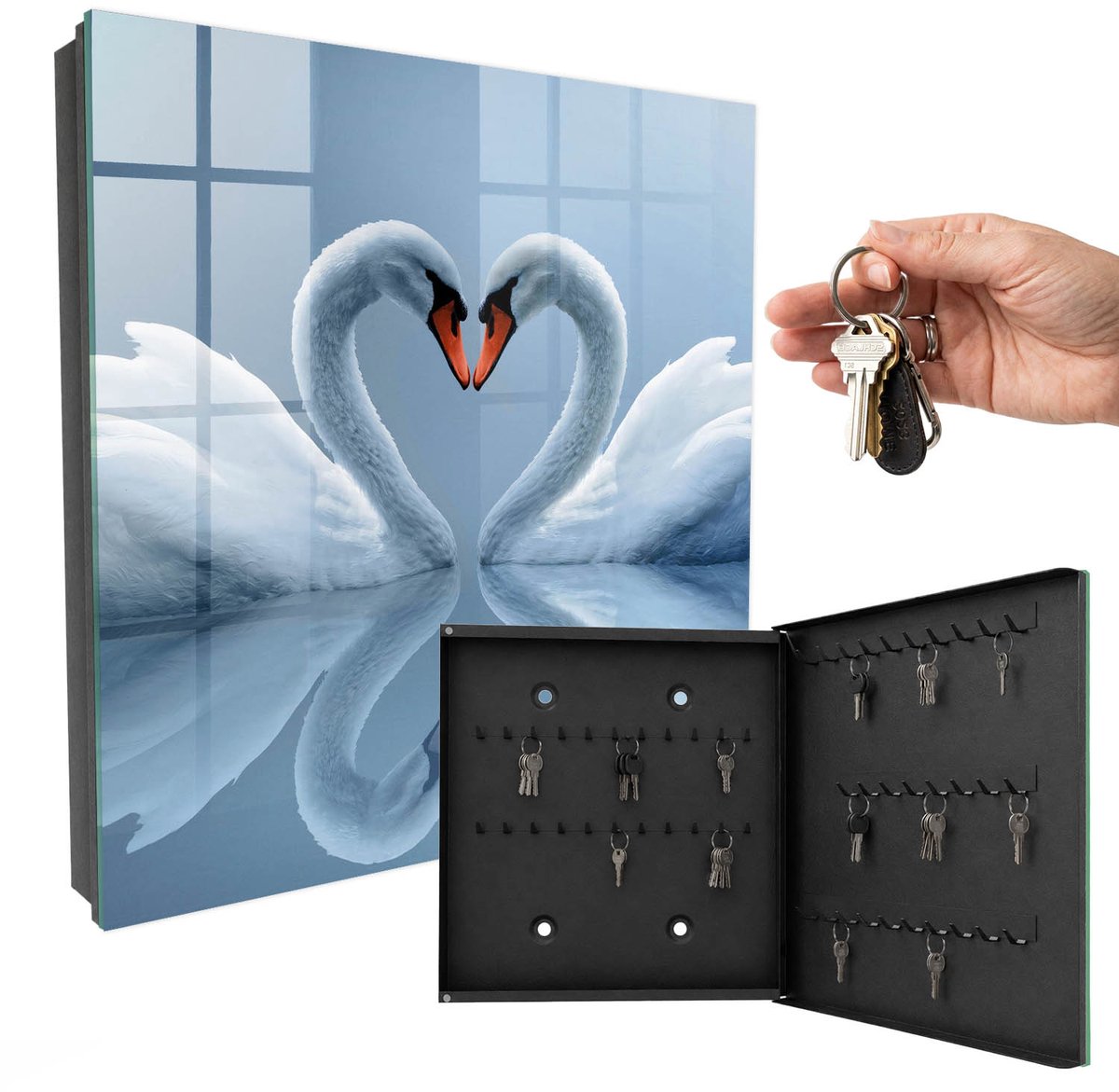WallMuralia - Sleutelkast - 30x30x5 cm - met 50 haken - Zwanenliefde Sleutelkastje Klein - Wit Sleutelbox - Rechtsopenend - Zwart interieur