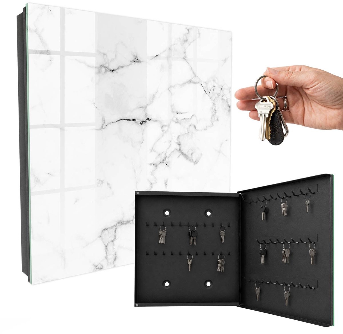 WallMuralia - Sleutelkast - 30x30x5 cm - met 50 haken - Marmerpatroon Sleutelkastje Gang - Wit Sleutelbox - Rechtsopenend - Zwart interieur