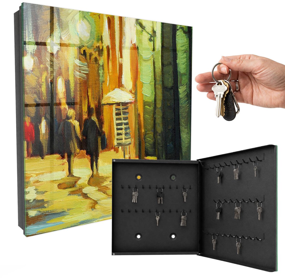 WallMuralia - Sleutelkast - 30x30x5 cm - met 50 haken - Nachtstad Sleutelkastje Huis - Groente Sleutelbox - Rechtsopenend - Zwart interieur
