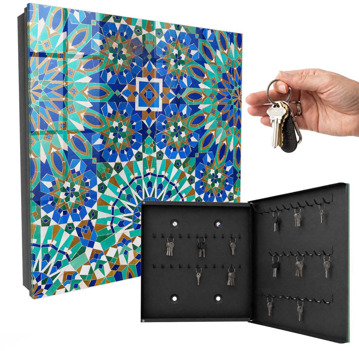 WallMuralia - Sleutelkast - 30x30x5 cm - met 50 haken - Geometrische Mozaïek Sleutelkastje Gang - Blauw Sleutelbox - Rechtsopenend - Zwart interieur