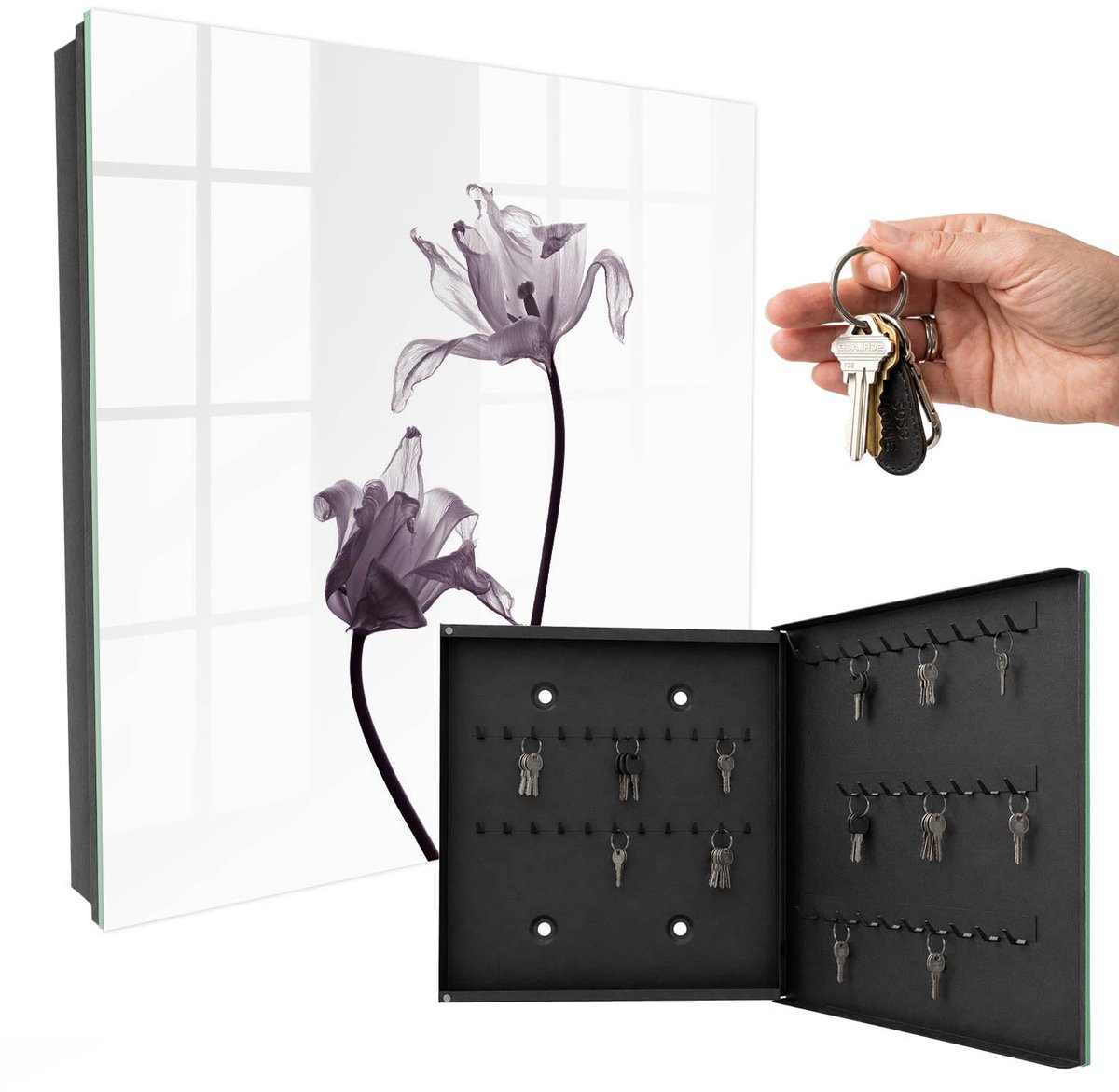 WallMuralia - Sleutelkast - 30x30x5 cm - met 50 haken - Minimalistische Bloemen Sleutelkastje Modern - Wit Sleutelbox - Rechtsopenend - Zwart interieur