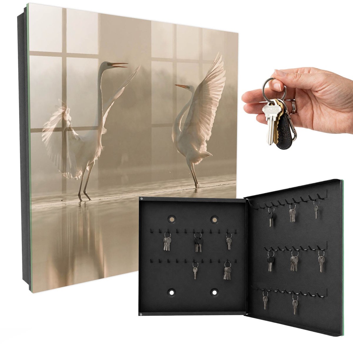 WallMuralia - Sleutelkast - 30x30x5 cm - met 50 haken - Vogeldans Sleutelkastje Voor Binnen - Beige Sleutelbox - Rechtsopenend - Zwart interieur