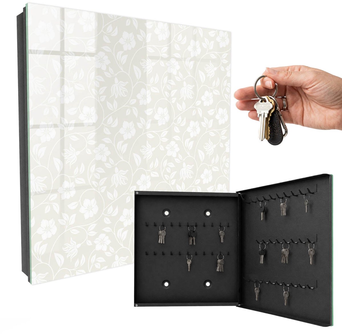 WallMuralia - Sleutelkast - 30x30x5 cm - met 50 haken - Bloemenpatroon Groot Sleutelkastje - Beige Sleutelbox - Rechtsopenend - Zwart interieur
