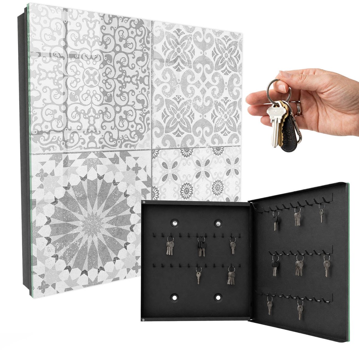 WallMuralia - Sleutelkast - 30x30x5 cm - met 50 haken - Geometrische Patronen Sleutelkastje Landelijk - Grijs Sleutelbox - Rechtsopenend - Zwart interieur