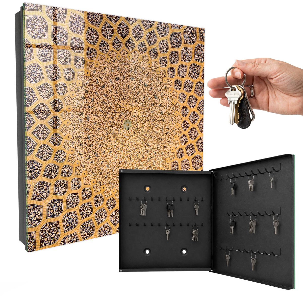 WallMuralia - Sleutelkast - 30x30x5 cm - met 50 haken - Geometrisch Ornament Sleutelkastje Hal - Geel Sleutelbox - Rechtsopenend - Zwart interieur