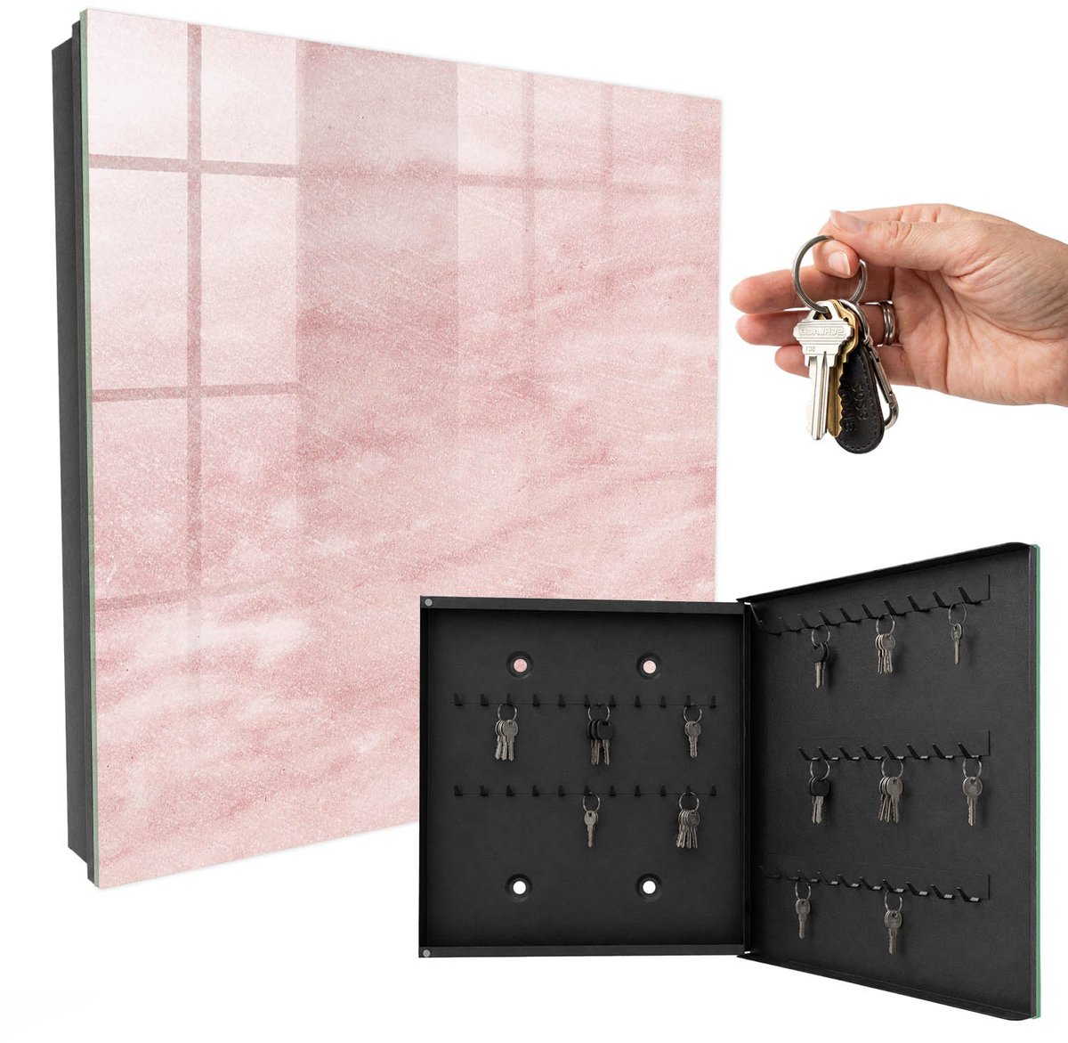 WallMuralia - Sleutelkast - 30x30x5 cm - met 50 haken - Roze Weefsels Sleutelkastje Industrieel - Roze Sleutelbox - Rechtsopenend - Zwart interieur
