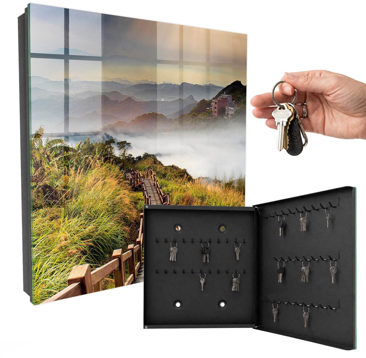 WallMuralia - Sleutelkast - 30x30x5 cm - met 50 haken - Bergmagie Groot Sleutelkastje - Groente Sleutelbox - Rechtsopenend - Zwart interieur