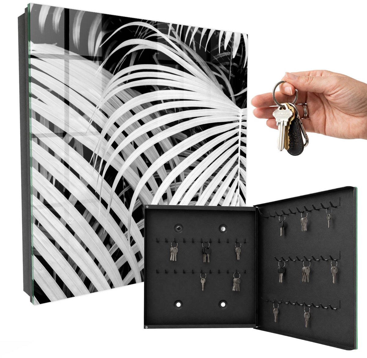 WallMuralia - Sleutelkast - 30x30x5 cm - met 50 haken - Palmbladeren Sleutelkastje Muur - Wit Sleutelbox - Rechtsopenend - Zwart interieur