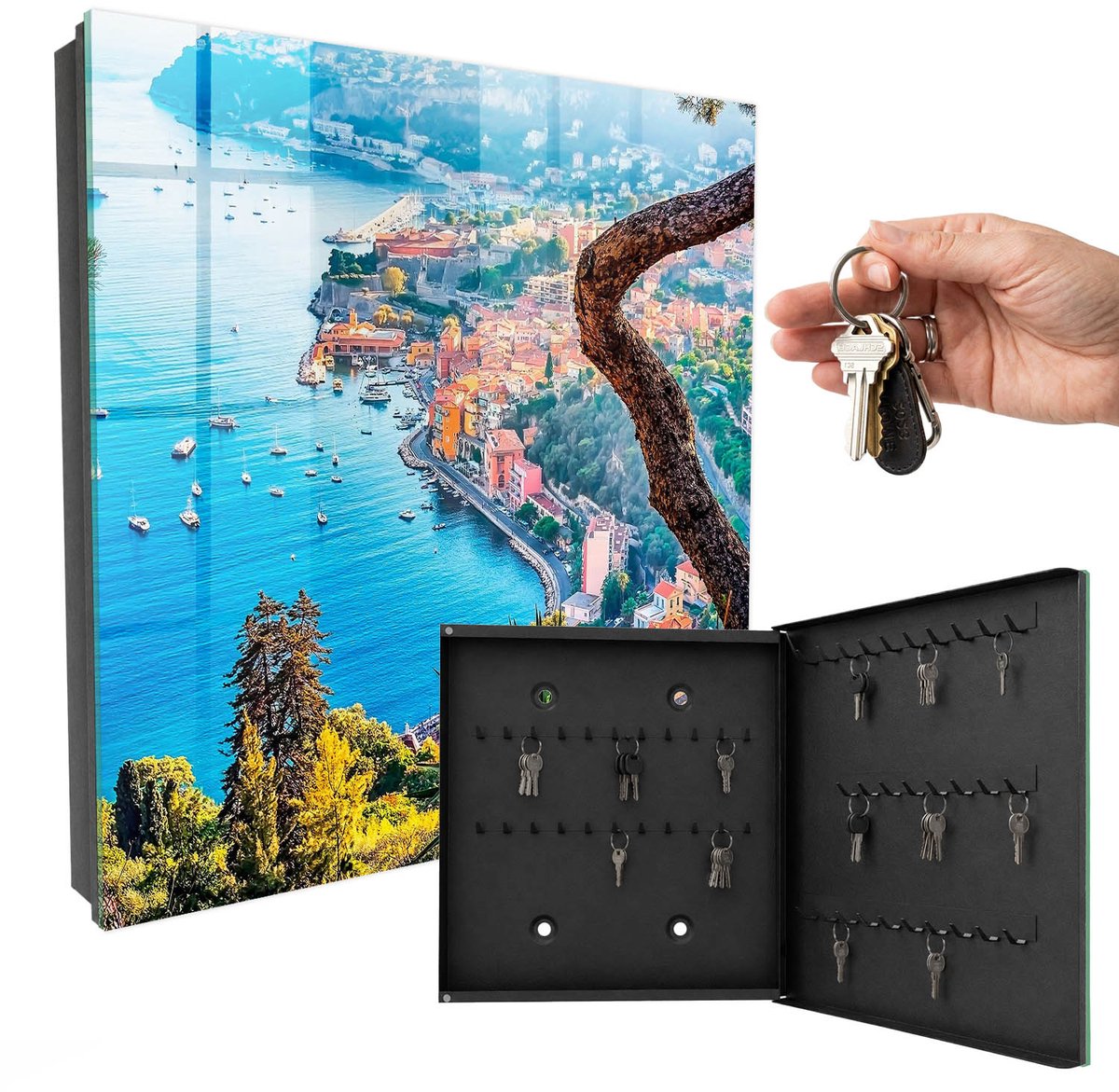 WallMuralia - Sleutelkast - 30x30x5 cm - met 50 haken - Vakantielandschap Sleutelkastje Gang - Blauw Sleutelbox - Rechtsopenend - Zwart interieur