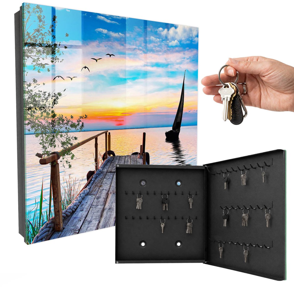 WallMuralia - Sleutelkast - 30x30x5 cm - met 50 haken - Vreedzaam Landschap Sleutelkastje Landelijk - Blauw Sleutelbox - Rechtsopenend - Zwart interieur