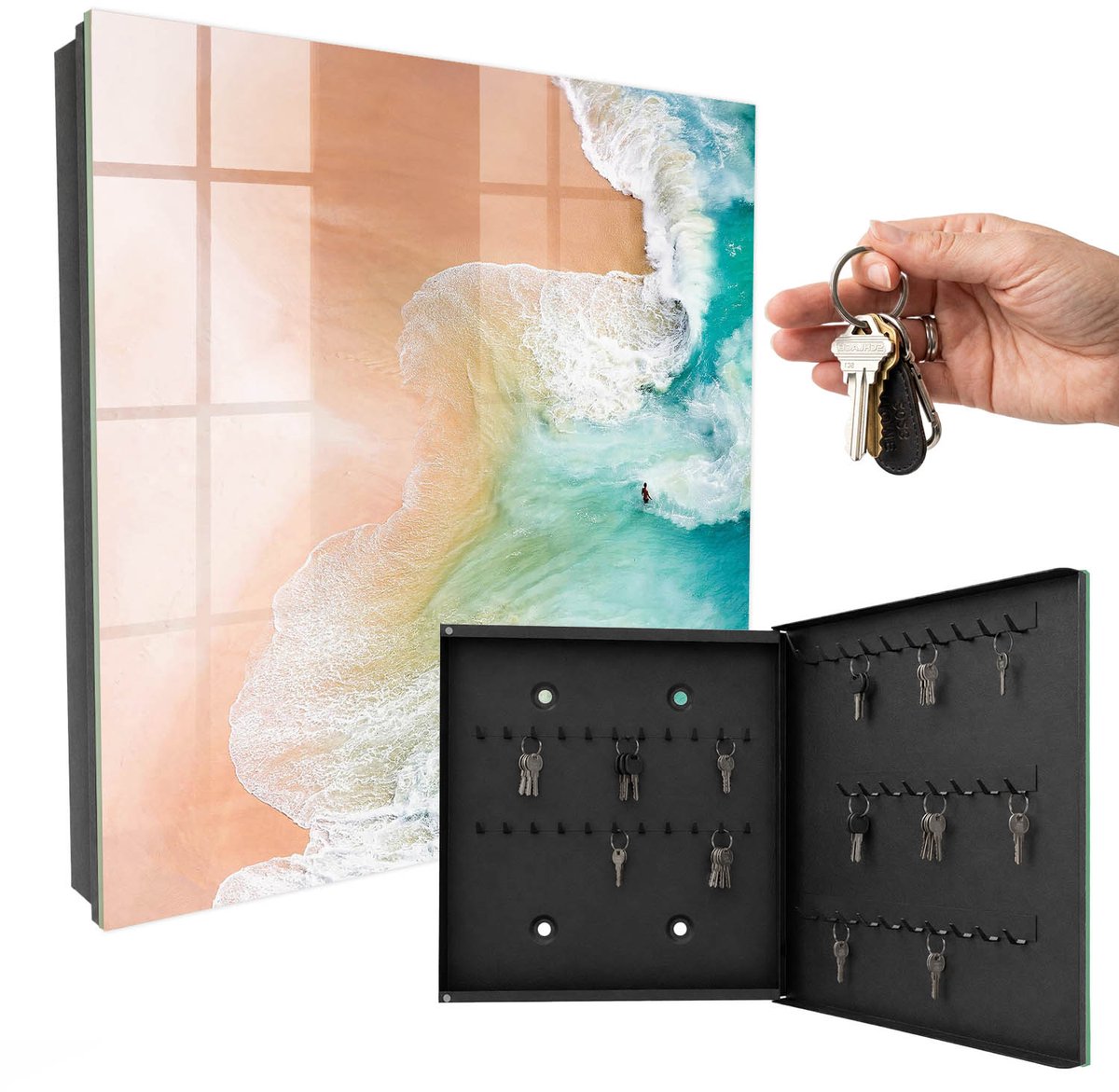 WallMuralia - Sleutelkast - 30x30x5 cm - met 50 haken - Turkoois Strand Sleutelkastje Voor Binnen - Turkoois Sleutelbox - Rechtsopenend - Zwart interieur
