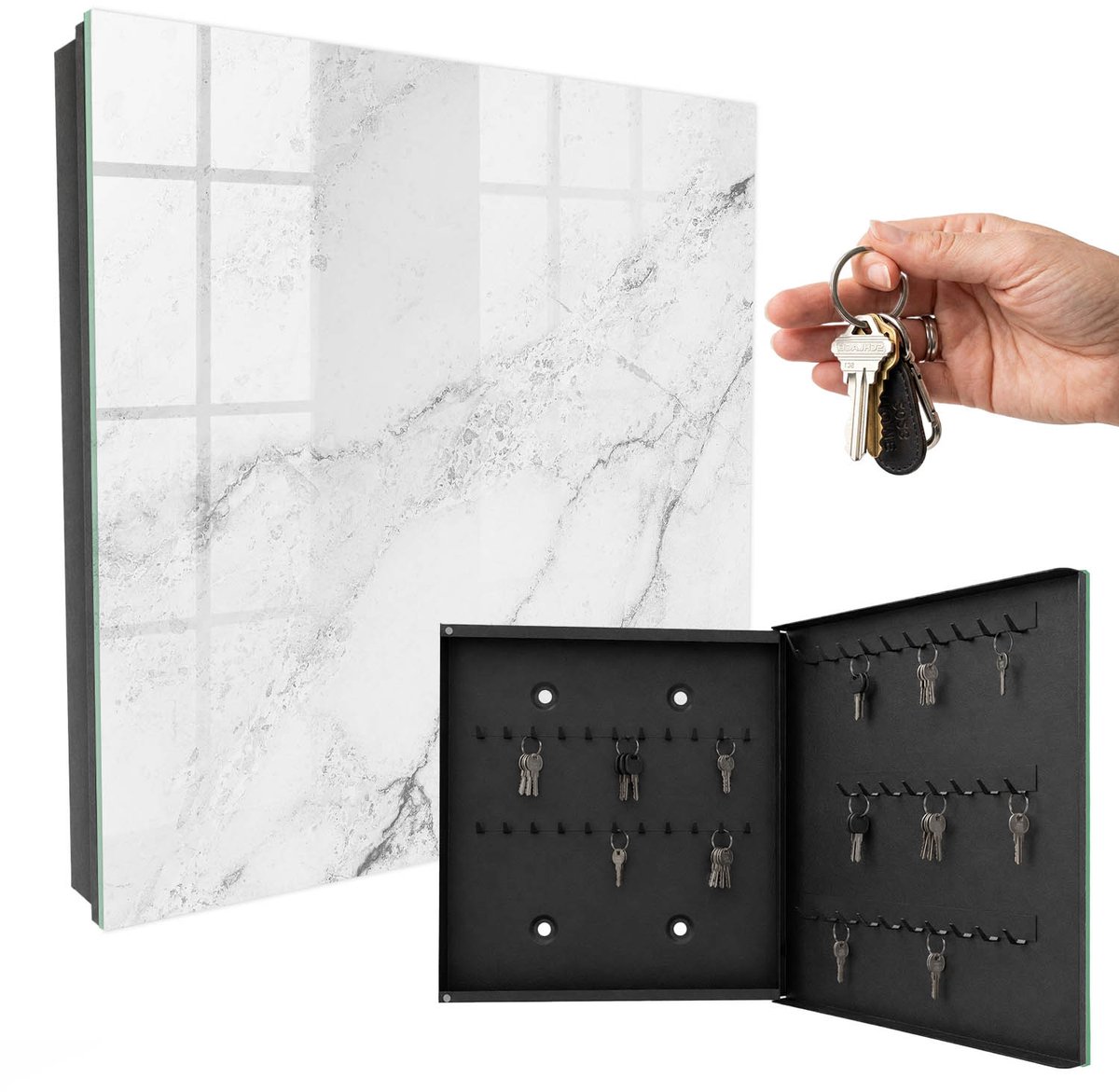 WallMuralia - Sleutelkast - 30x30x5 cm - met 50 haken - Grijze Elegantie Sleutelkastje Modern - Grijs Sleutelbox - Rechtsopenend - Zwart interieur