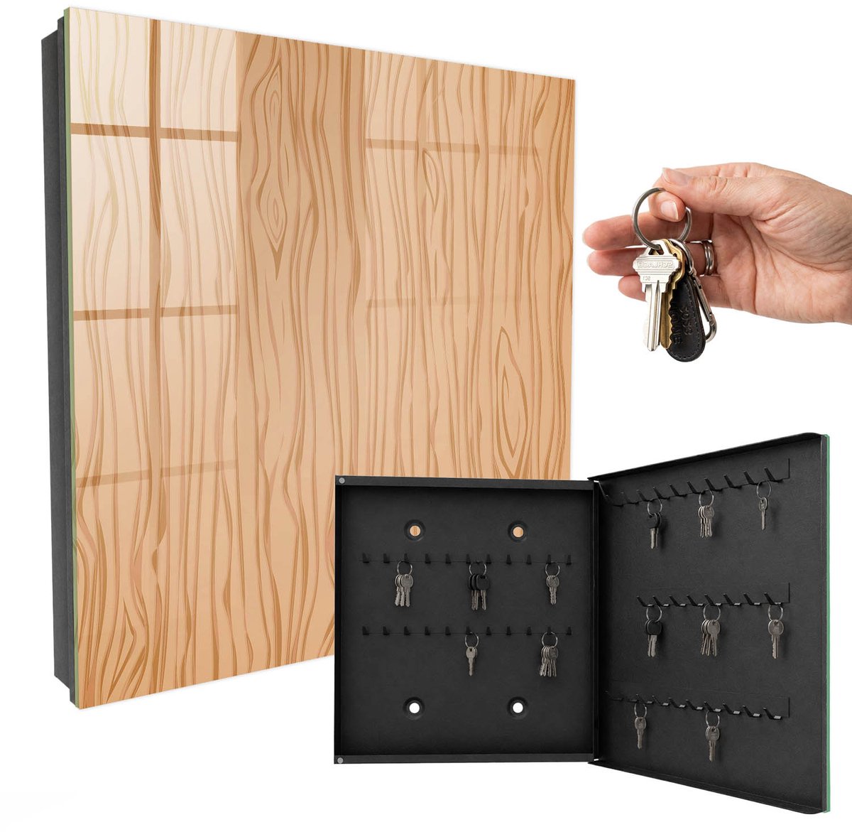 WallMuralia - Sleutelkast - 30x30x5 cm - met 50 haken - Houtstructuur Groot Sleutelkastje - Bruin Sleutelbox - Rechtsopenend - Zwart interieur