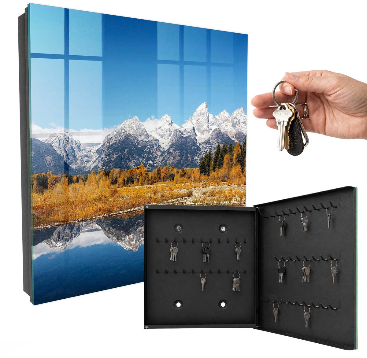 WallMuralia - Sleutelkast - 30x30x5 cm - met 50 haken - Gouden Herfst Sleutelkastje Gang - Blauw Sleutelbox - Rechtsopenend - Zwart interieur