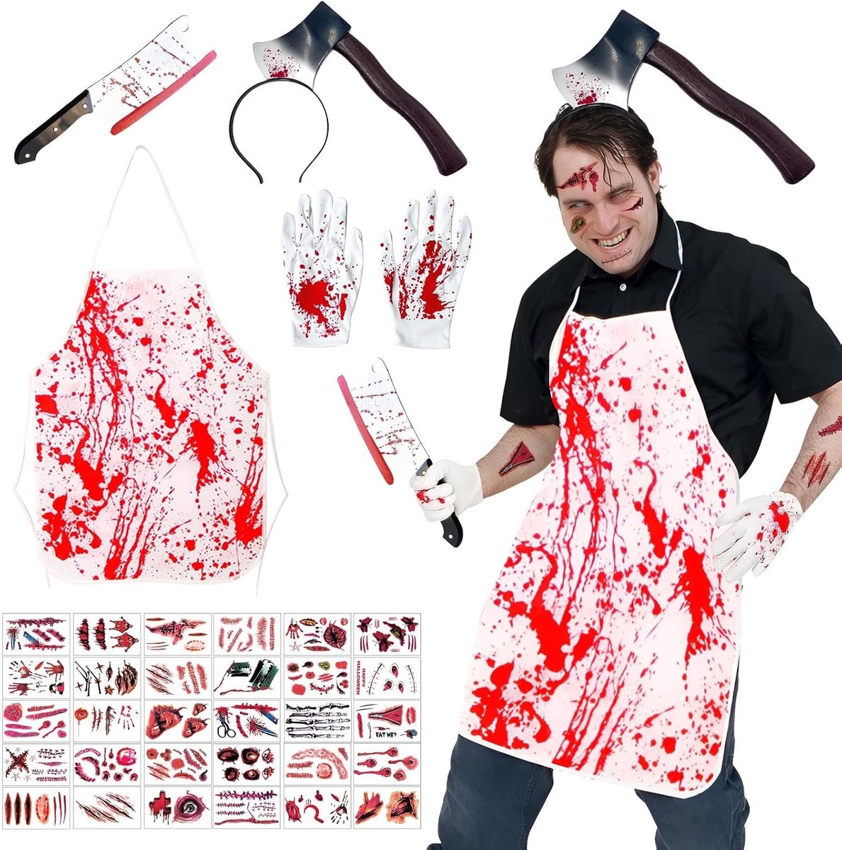 Griezelig Slagerskostuum voor Halloween met Plastic Mes, Bloedige Schort, Handschoenen en Tattoo voor Feestjes en Carnavals