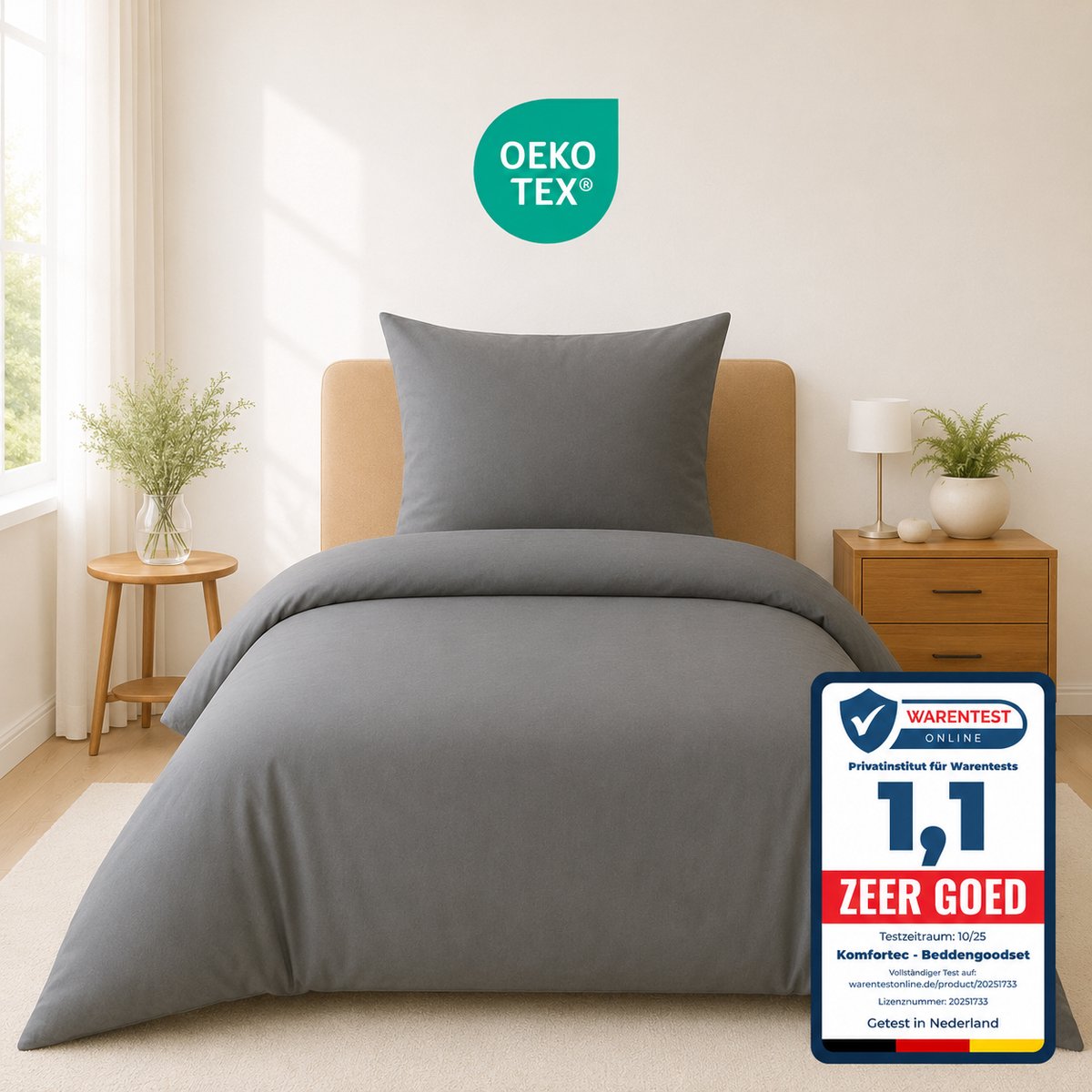 Komfortec Premium Dekbedovertrek 135x200 cm + Kussensloop 80x80 cm - 100% Microvezel - 90 g/m² - 2-Delige Superzachte Beddengoedset - met Rits - Grijs