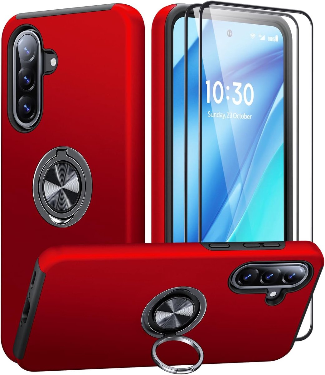 Hoes voor Samsung Galaxy A56 5G met 2 stuks gehard glas, militaire schokbescherming Samsung A56 5G hoes met 360° draaibare ring, kickstand, draagbare hoes voor Samsung A56 5G, rood