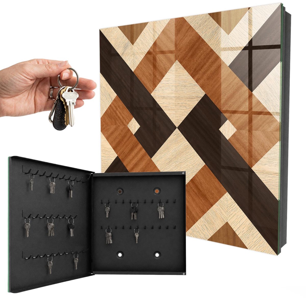 WallMuralia - Sleutelkast - 30x30x5 cm - met 50 haken - Moderne Geometrie Sleutelkastje Modern - Bruin Sleutelbox - Linksopenend - Zwart interieur