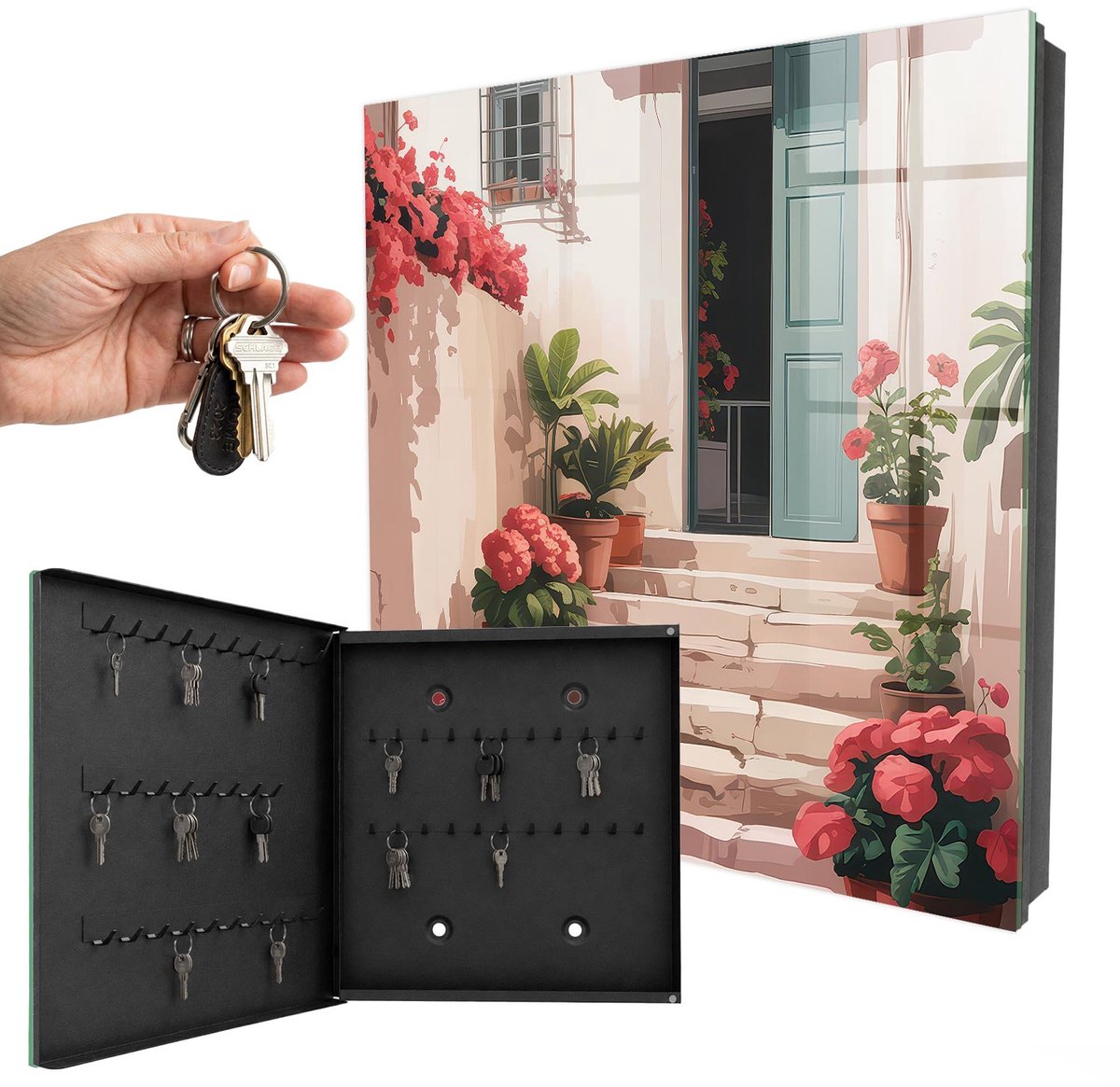 WallMuralia - Sleutelkast - 30x30x5 cm - met 50 haken - Bloemen Trap Sleutelkastje Landelijk - Romig Sleutelbox - Linksopenend - Zwart interieur