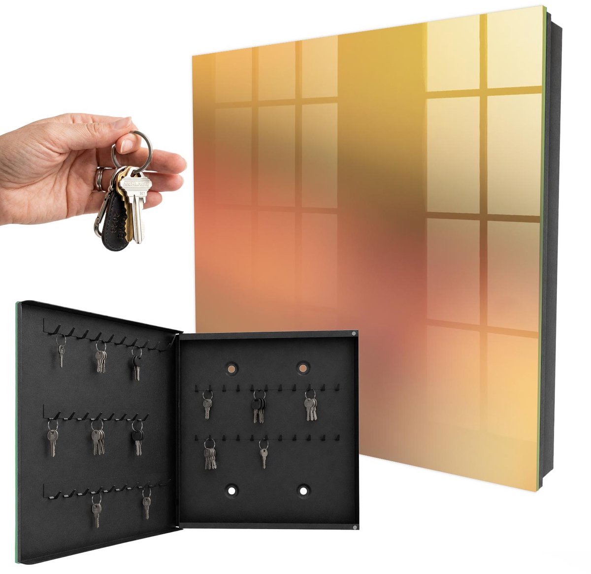 WallMuralia - Sleutelkast - 30x30x5 cm - met 50 haken - Warme Gradiënt Design Sleutelkastje - Geel Sleutelbox - Linksopenend - Zwart interieur