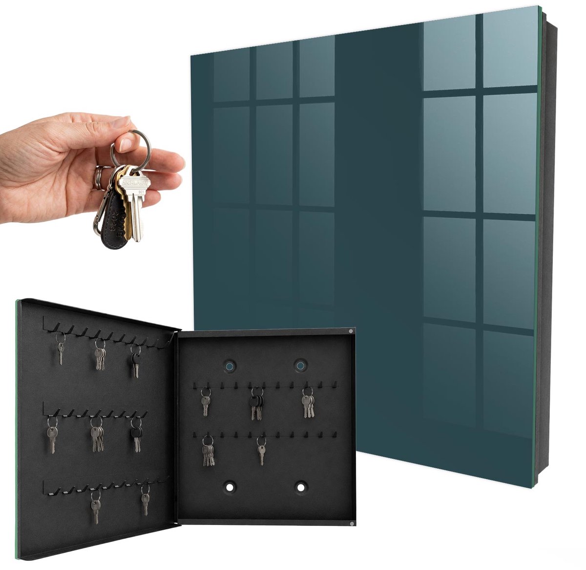 WallMuralia - Sleutelkast - 30x30x5 cm - met 50 haken - Turkoois Design Sleutelkastje - Turkoois Sleutelbox - Linksopenend - Zwart interieur