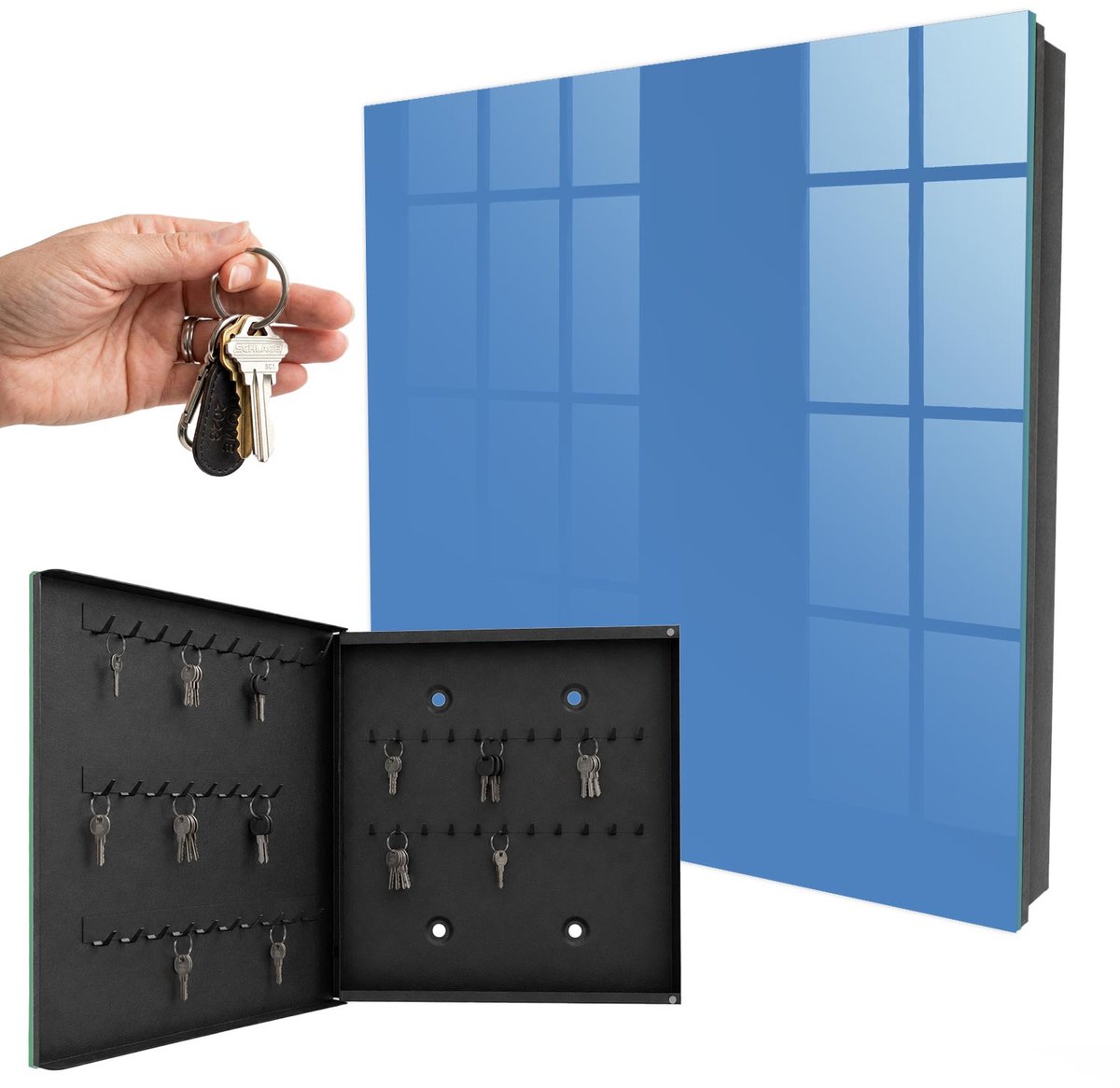 WallMuralia - Sleutelkast - 30x30x5 cm - met 50 haken - Blauwe Kleur Sleutelkastje Hal - Blauw Sleutelbox - Linksopenend - Zwart interieur