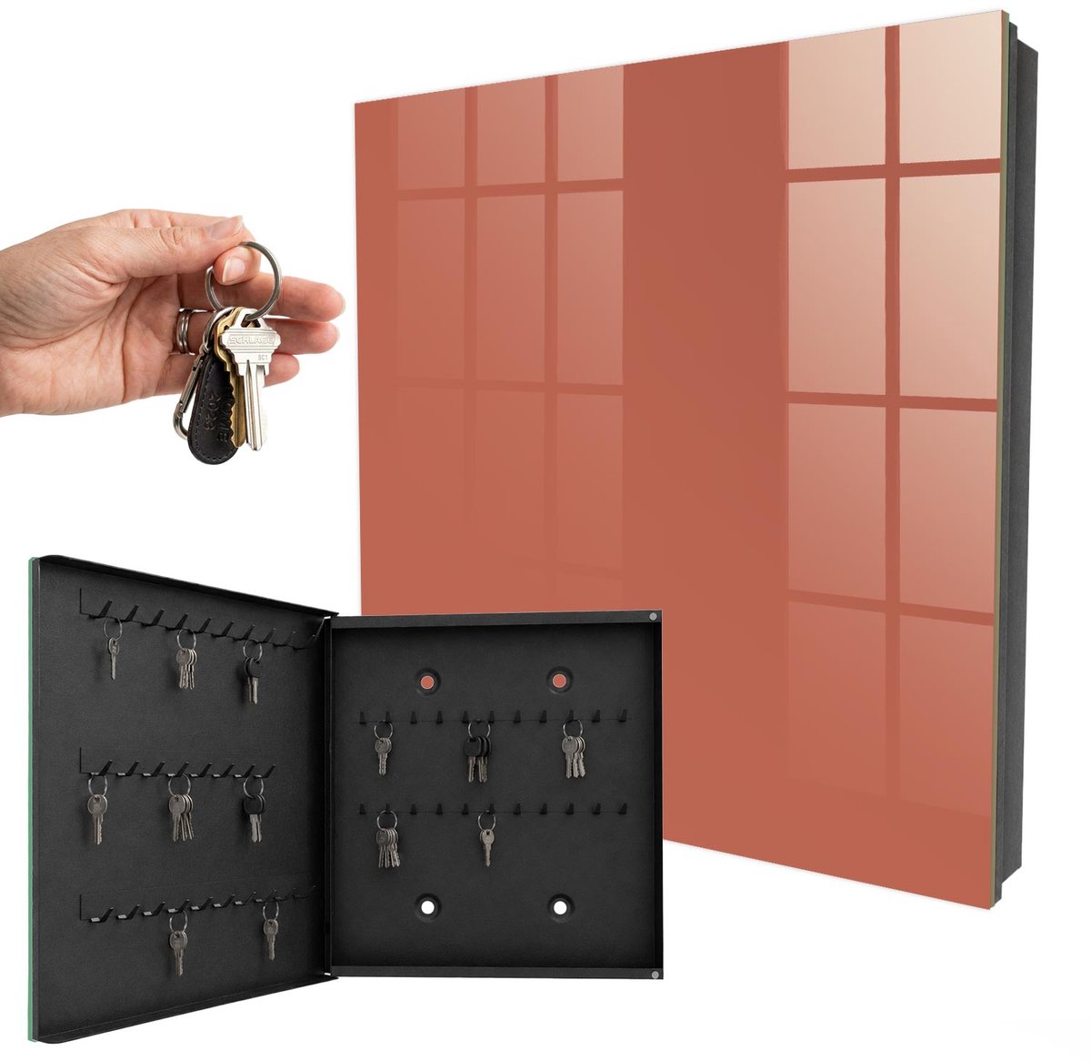 WallMuralia - Sleutelkast - 30x30x5 cm - met 50 haken - Baksteenkleur Sleutelkastje Modern - Oranje Sleutelbox - Linksopenend - Zwart interieur