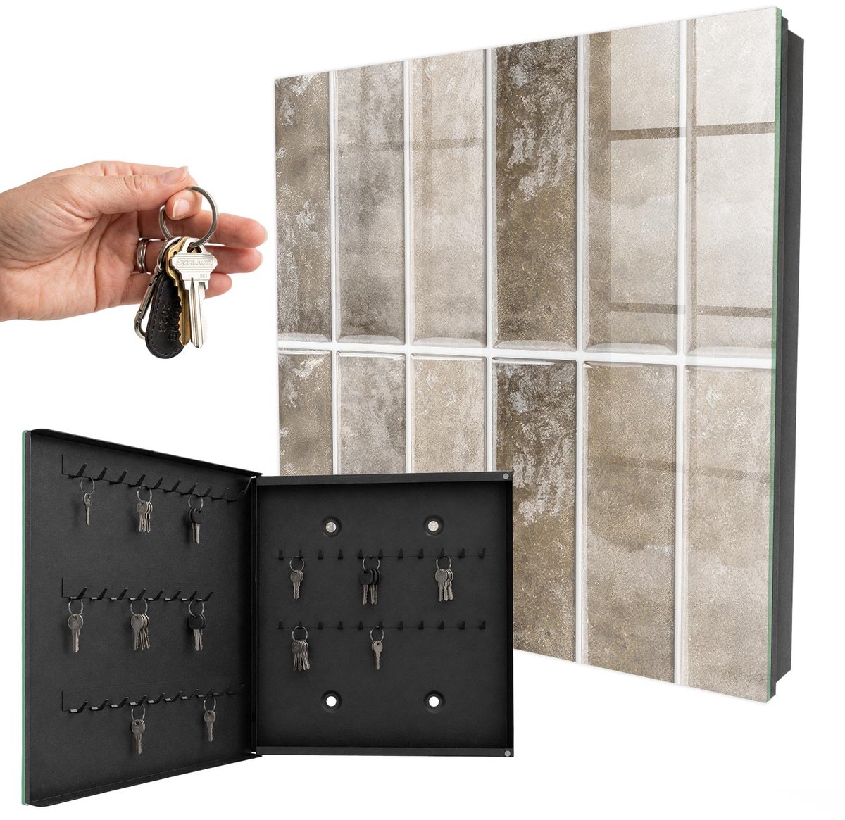 WallMuralia - Sleutelkast - 30x30x5 cm - met 50 haken - Elegante Tegels Sleutelkastje Gang - Grijs Sleutelbox - Linksopenend - Zwart interieur