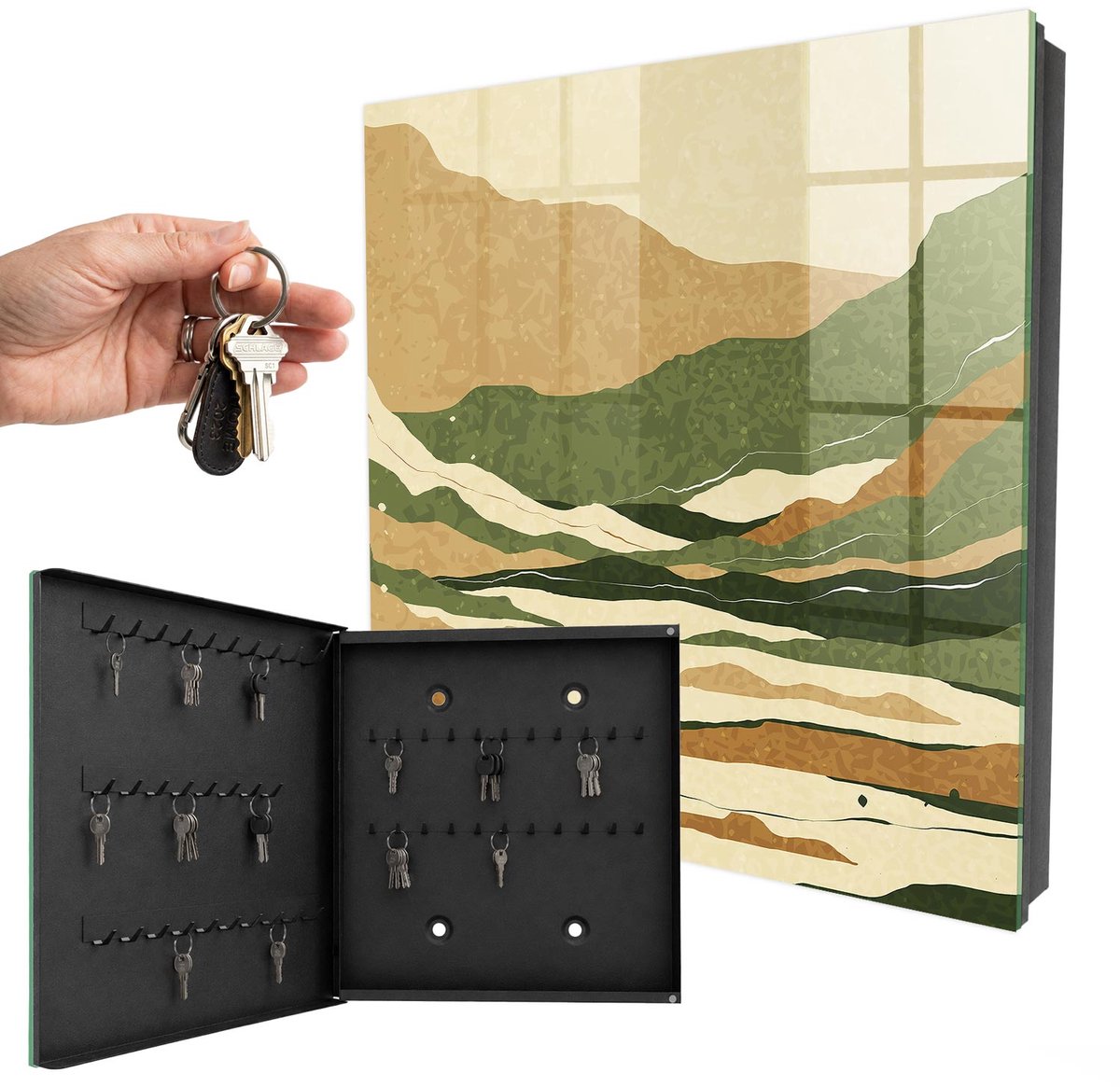 WallMuralia - Sleutelkast - 30x30x5 cm - met 50 haken - Bergvrede Leuk Sleutelkastje - Beige Sleutelbox - Linksopenend - Zwart interieur