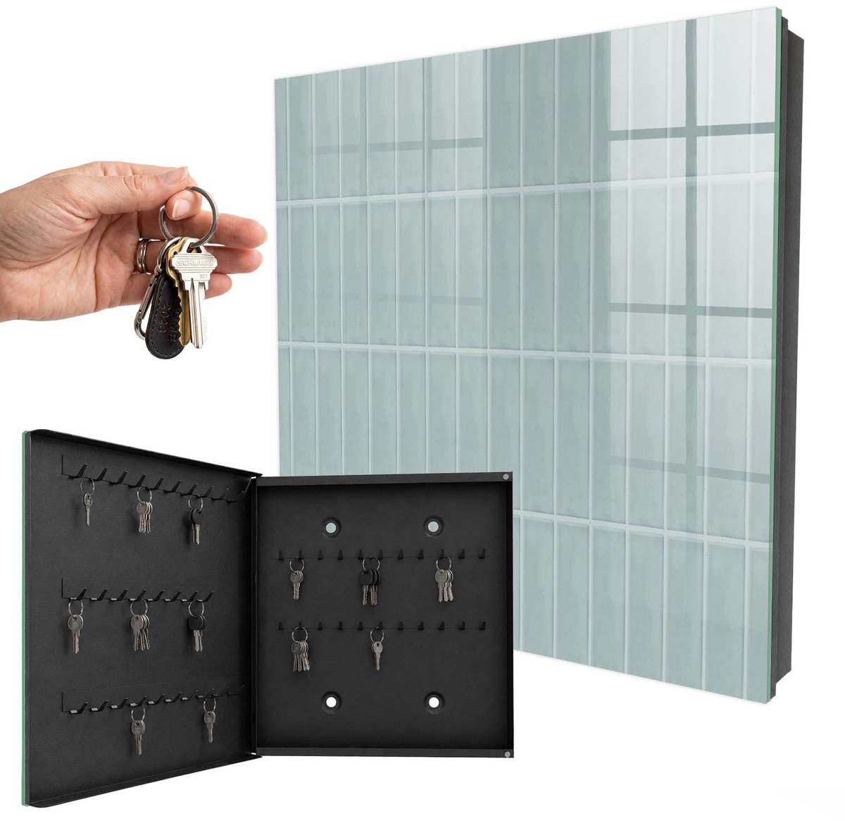 WallMuralia - Sleutelkast - 30x30x5 cm - met 50 haken - Delicaat Patroon Sleutelkastje Gang - Grijs Sleutelbox - Linksopenend - Zwart interieur