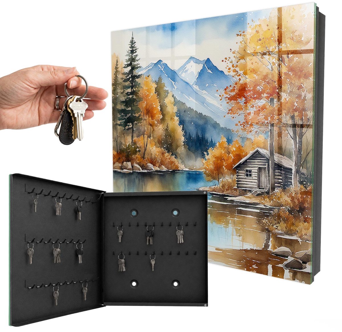 WallMuralia - Sleutelkast - 30x30x5 cm - met 50 haken - Bergherfst Sleutelkastje Industrieel - Oranje Sleutelbox - Linksopenend - Zwart interieur