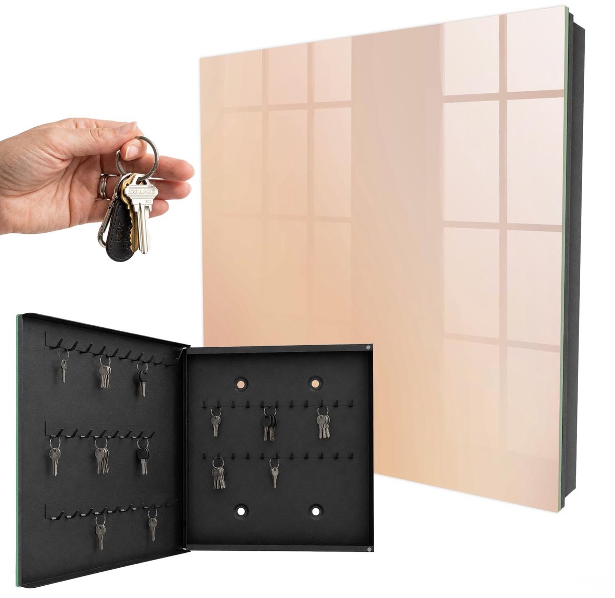 WallMuralia - Sleutelkast - 30x30x5 cm - met 50 haken - Pasteltinten Sleutelkastje Voor Binnen - Beige Sleutelbox - Linksopenend - Zwart interieur