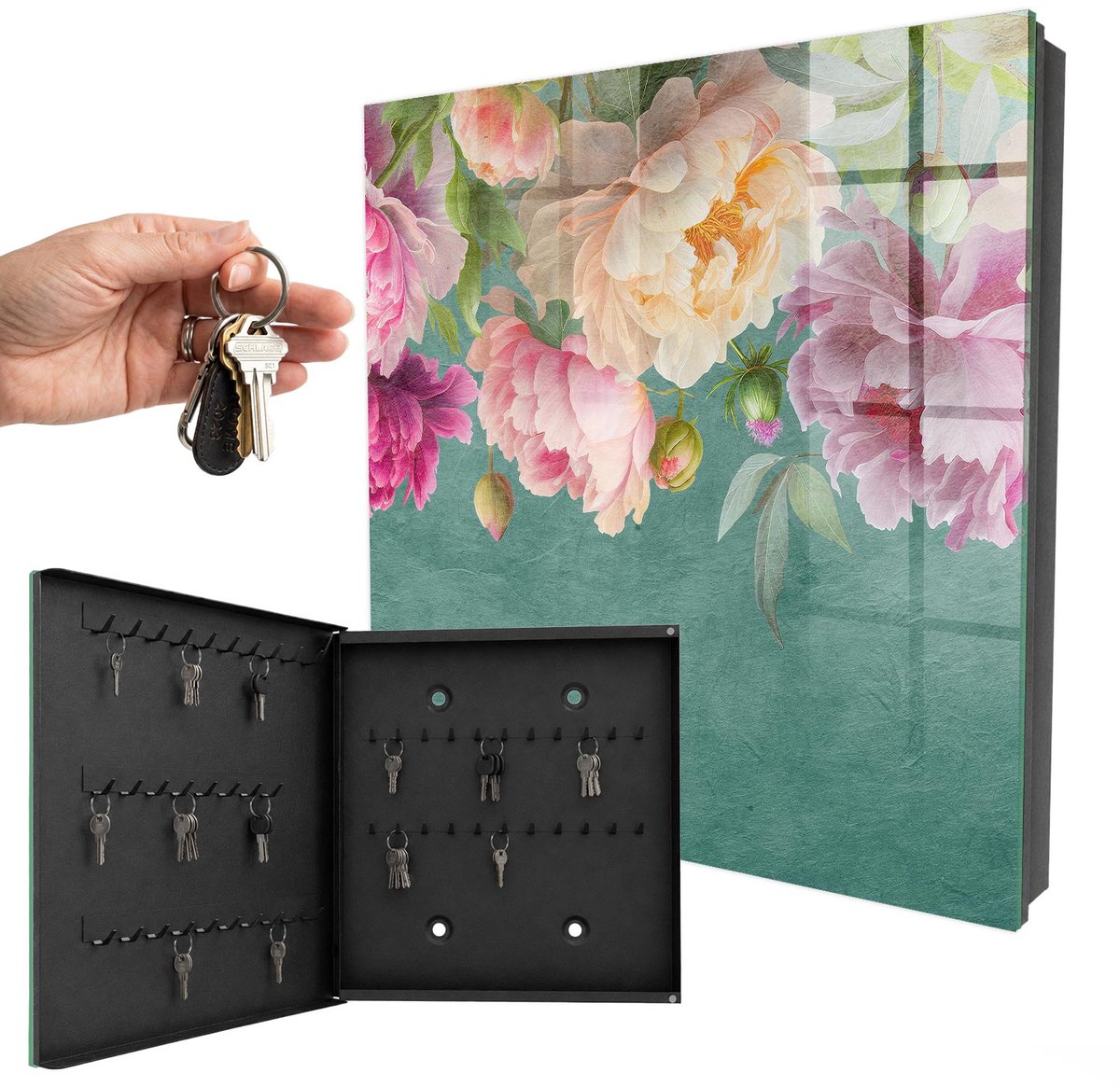 WallMuralia - Sleutelkast - 30x30x5 cm - met 50 haken - Bloemige Elegantie Design Sleutelkastje - Groente Sleutelbox - Linksopenend - Zwart interieur