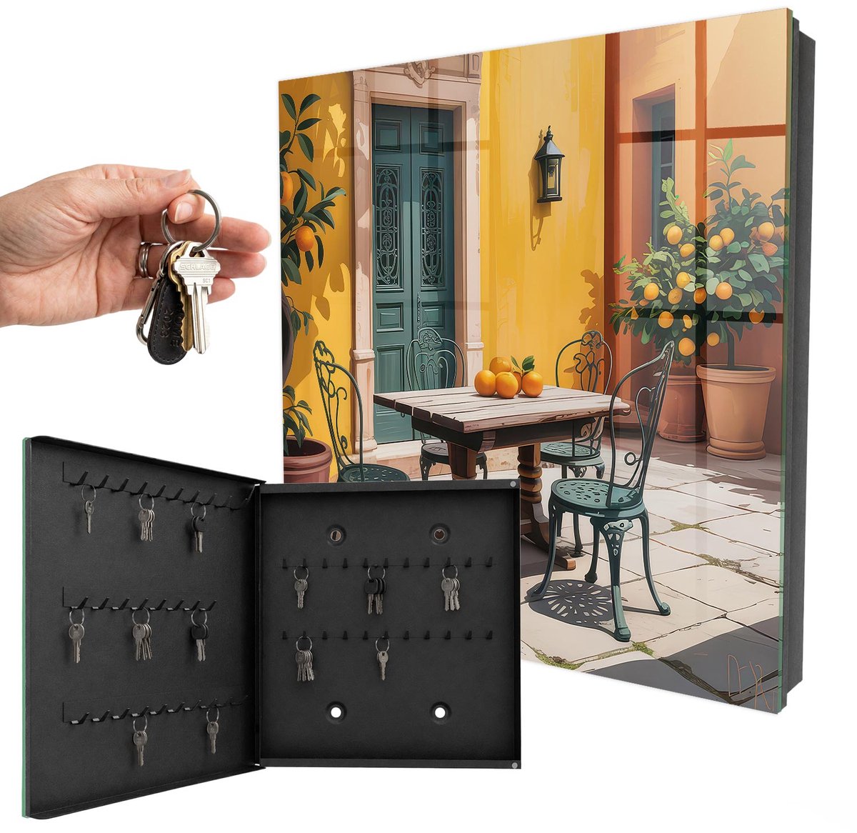 WallMuralia - Sleutelkast - 30x30x5 cm - met 50 haken - Zonnig Terras Sleutelkastje Gang - Geel Sleutelbox - Linksopenend - Zwart interieur