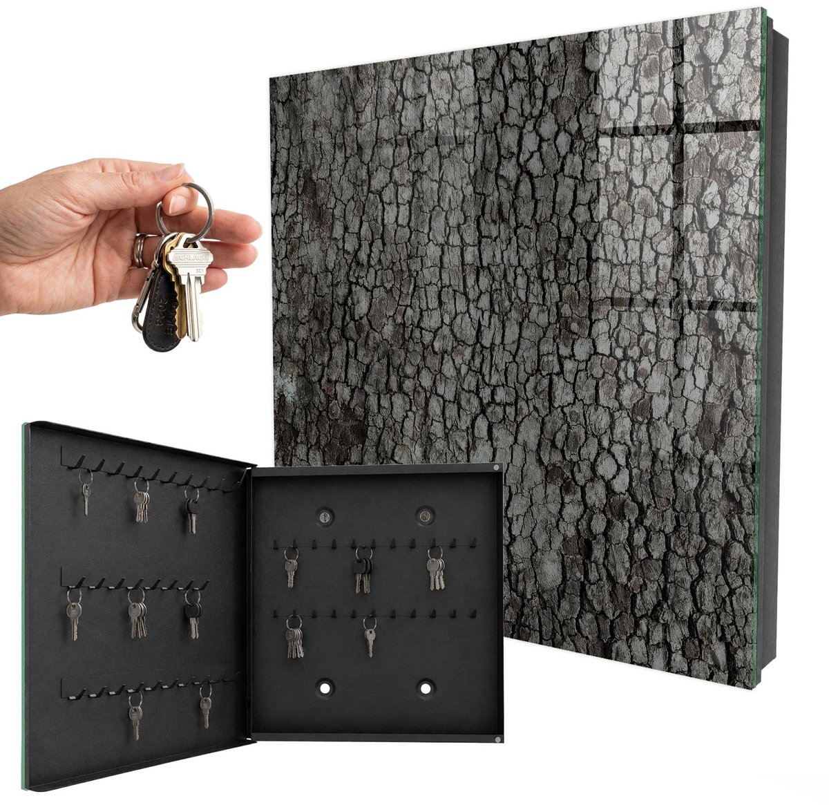 WallMuralia - Sleutelkast - 30x30x5 cm - met 50 haken - Boomschors Sleutelkastje Gang - Grijs Sleutelbox - Linksopenend - Zwart interieur