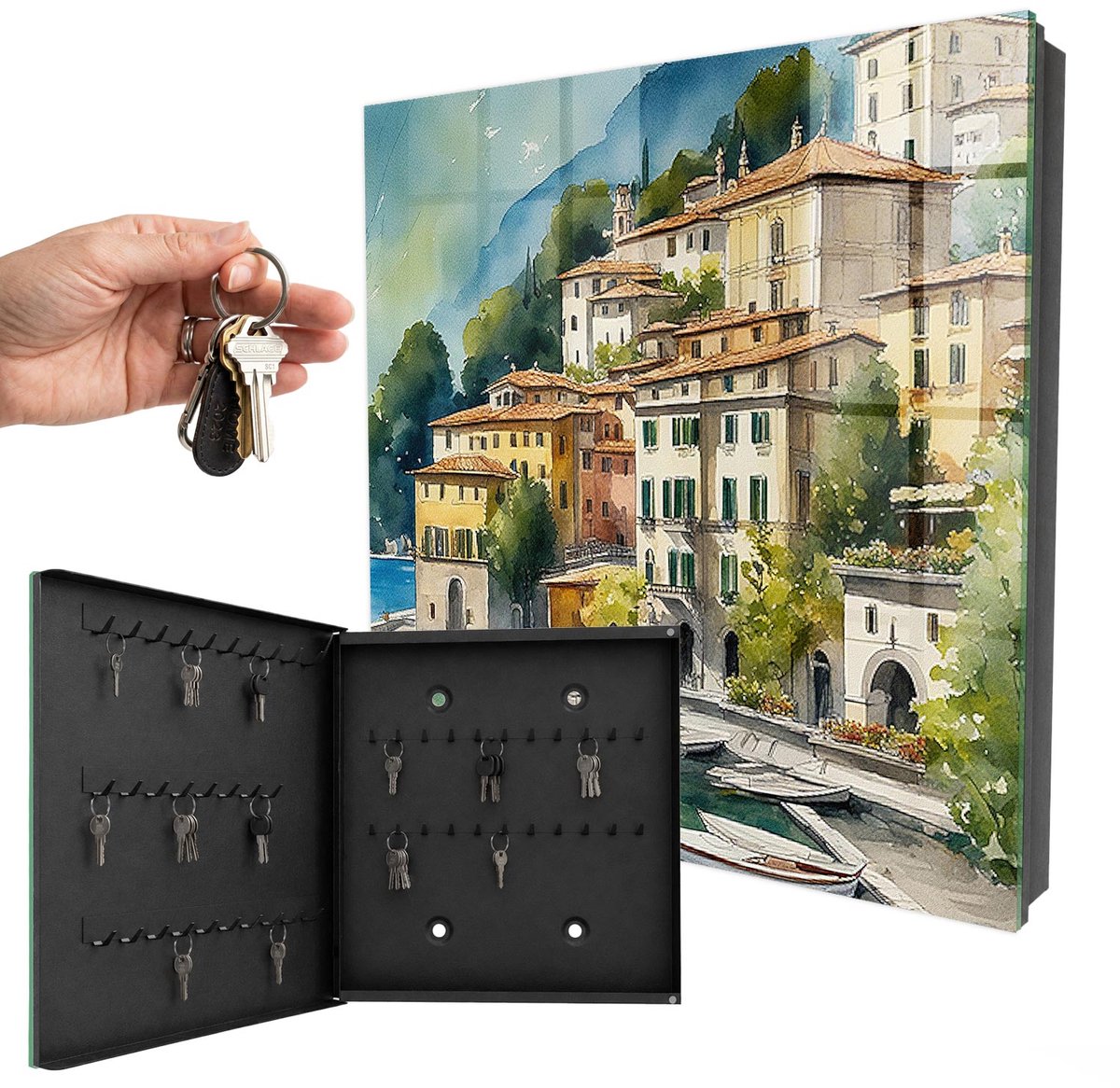 WallMuralia - Sleutelkast - 30x30x5 cm - met 50 haken - Italiaans Landschap Sleutelkastje Huis - Groente Sleutelbox - Linksopenend - Zwart interieur