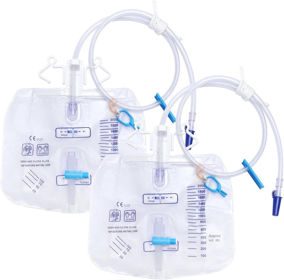 Urine-drainagesysteem, urinezak 2000 ml met anti-reflux-ventiel en afvoer, urine-drainagezak, drainagezak met 100 cm slang (2000 ml - 2 stuks)