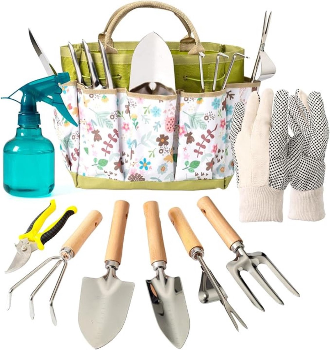 Thuys - Tuingereedschap Set 9-Delig - RVS Tuinset met Opbergtas - Handschoenen & Spuitfles - Ergonomische Houten Handgrepen