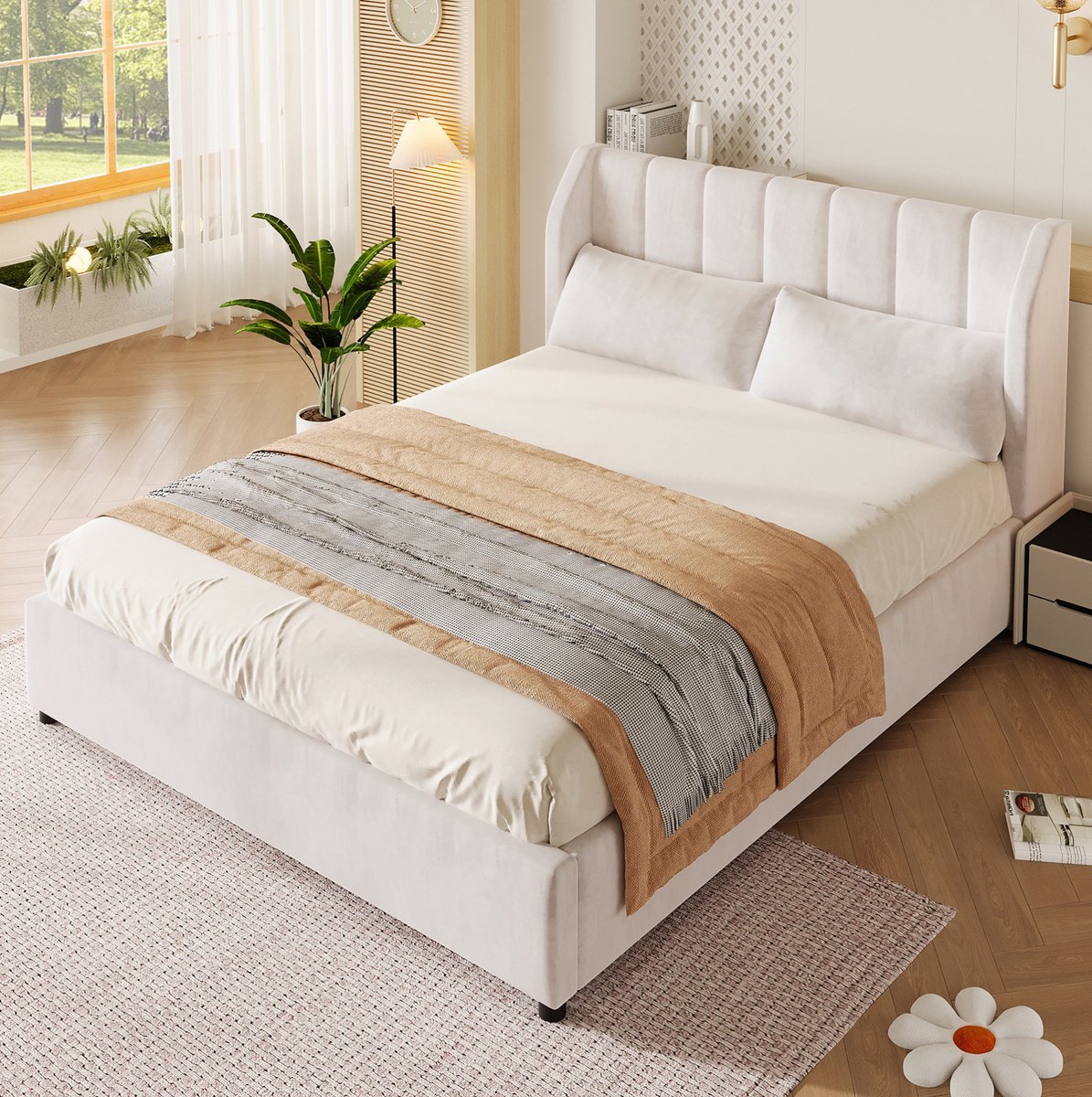 FloraGrace Gestoffeerd Bed 140 x 200 cm - Met Lattenbodem - 2 Kussens - Modern Slaapkamerbed - MDF En Stof - Beige