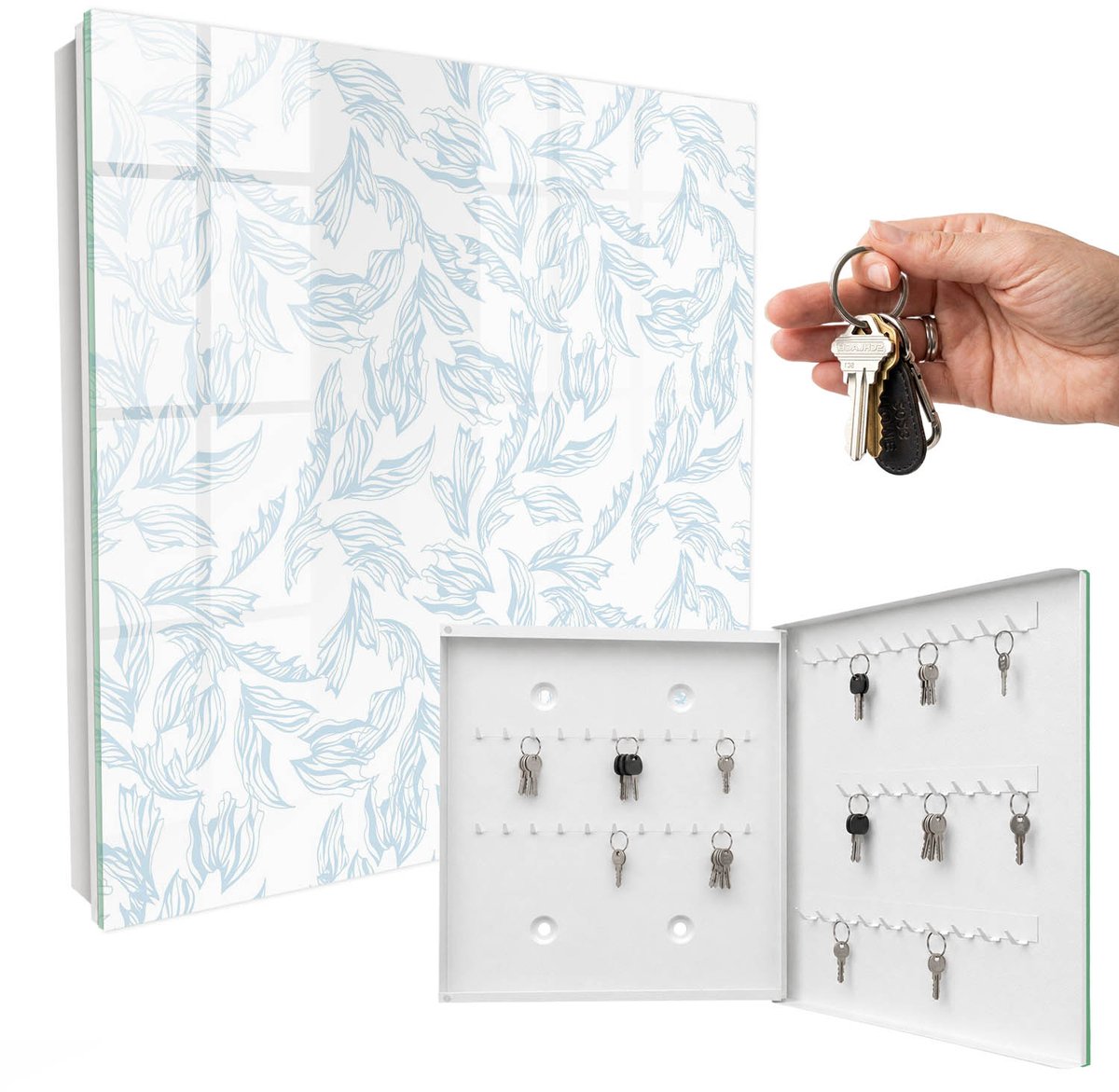 WallMuralia - Sleutelkast - 30x30x5 cm - met 50 haken - Bloemenpatroon Sleutelkastje Voor Binnen - Wit Sleutelbox - Rechtsopenend - Wit interieur