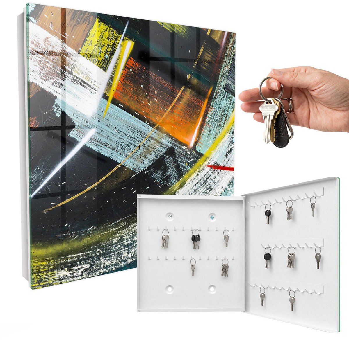 WallMuralia - Sleutelkast - 30x30x5 cm - met 50 haken - Kleurrijke Werveling Sleutelkastje Gang - Zwart Sleutelbox - Rechtsopenend - Wit interieur