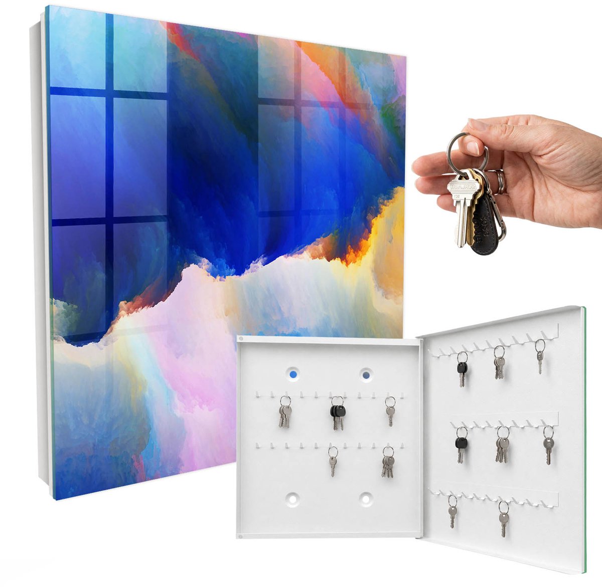 WallMuralia - Sleutelkast - 30x30x5 cm - met 50 haken - Kleurenexplosie Sleutelkastje Huis - Blauw Sleutelbox - Rechtsopenend - Wit interieur