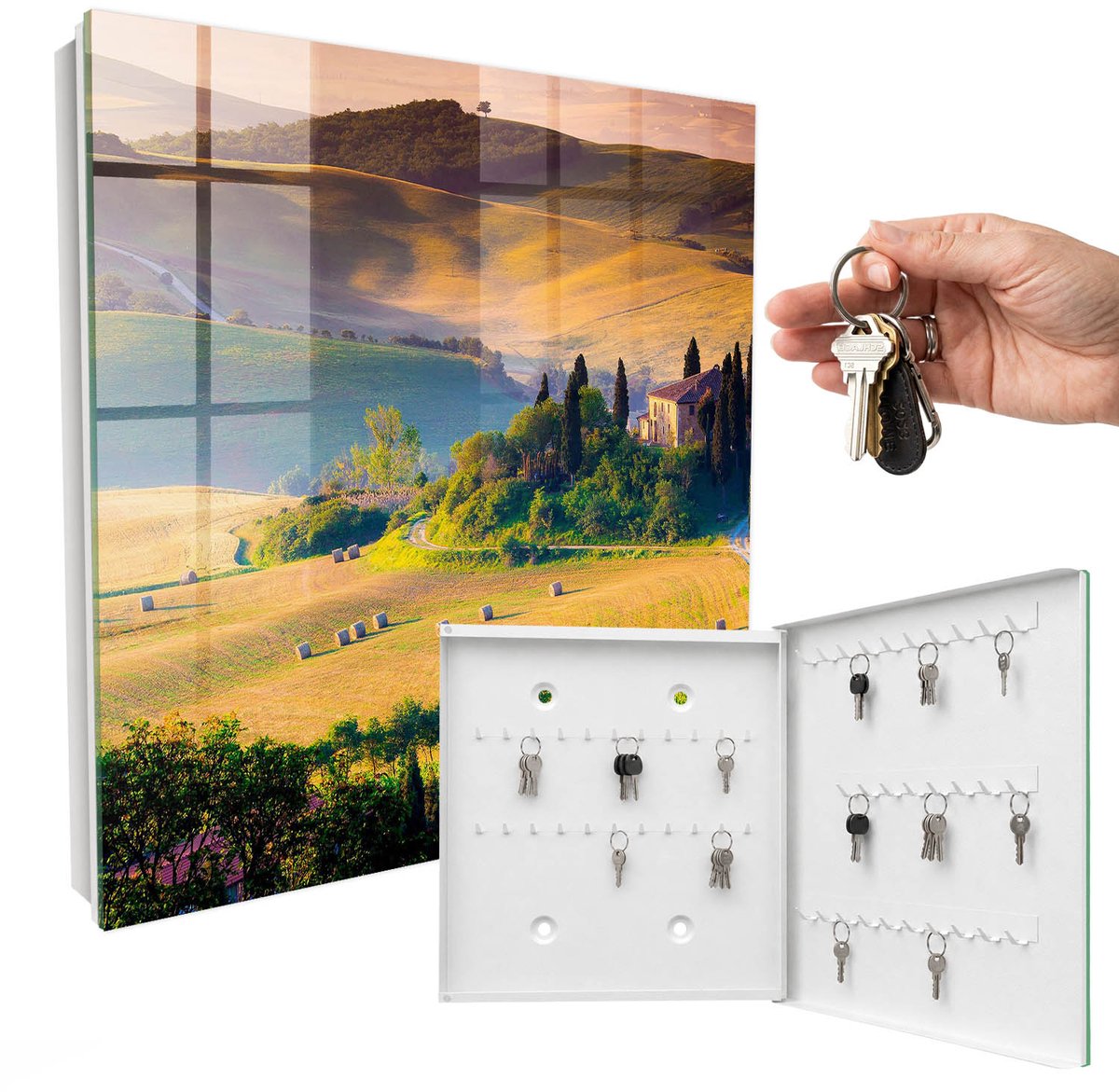WallMuralia - Sleutelkast - 30x30x5 cm - met 50 haken - Toscaanse Idylle Groot Sleutelkastje - Geel Sleutelbox - Rechtsopenend - Wit interieur