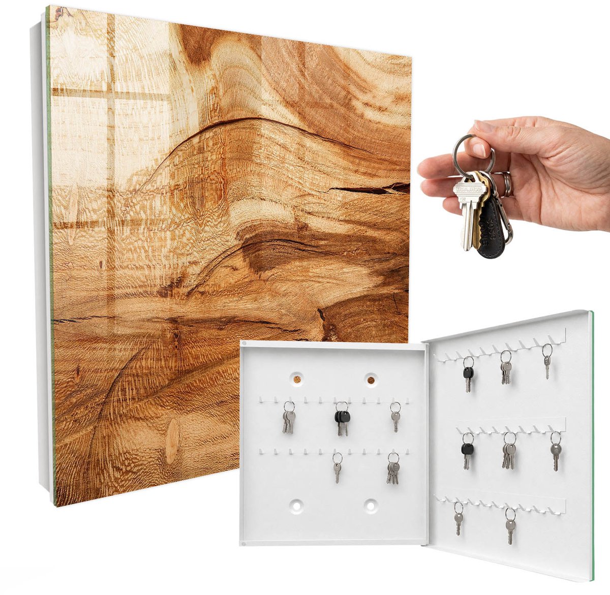 WallMuralia - Sleutelkast - 30x30x5 cm - met 50 haken - Houtstructuur Sleutelkastje Klein - Bruin Sleutelbox - Rechtsopenend - Wit interieur