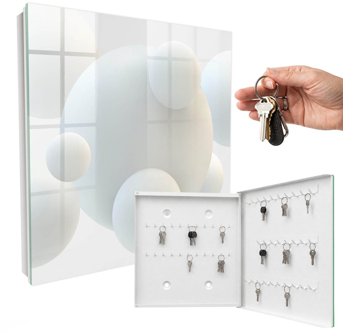WallMuralia - Sleutelkast - 30x30x5 cm - met 50 haken - Delicate Ballen Sleutelkastje Muur - Wit Sleutelbox - Rechtsopenend - Wit interieur