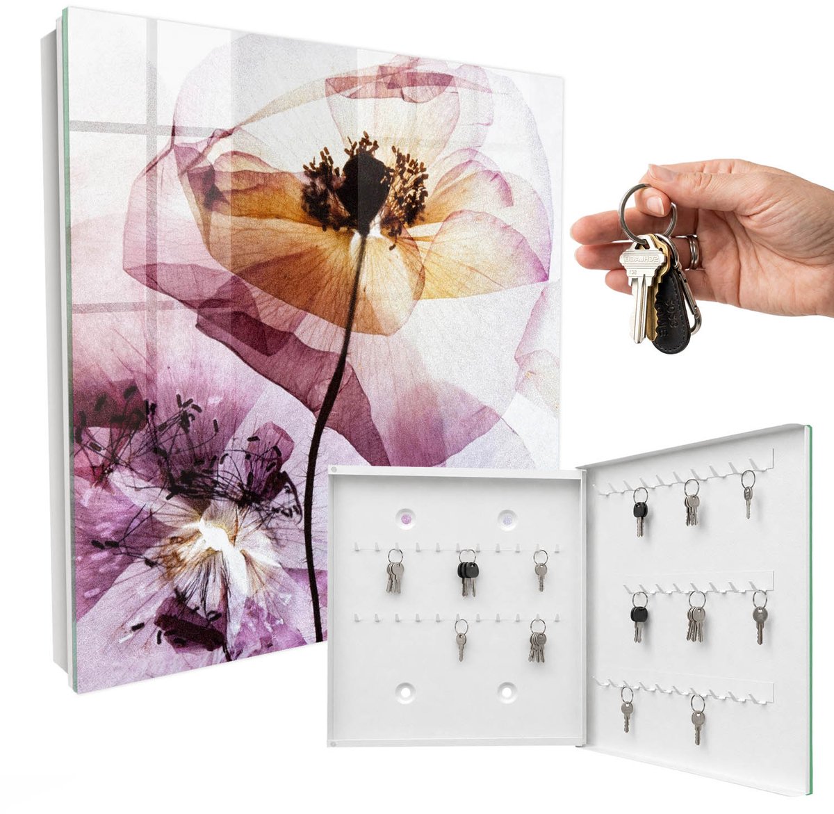 WallMuralia - Sleutelkast - 30x30x5 cm - met 50 haken - Bloemige Elegantie Sleutelkastje Hal - Paars Sleutelbox - Rechtsopenend - Wit interieur