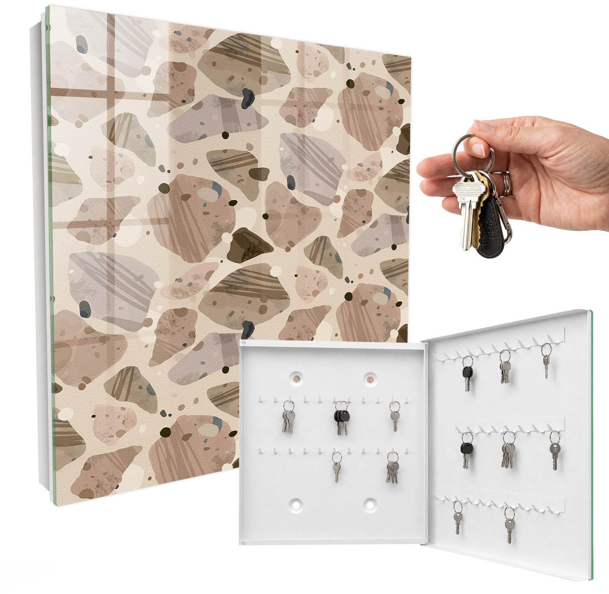 WallMuralia - Sleutelkast - 30x30x5 cm - met 50 haken - Organische Samenstellingen Sleutelkastje - Beige Sleutelbox - Rechtsopenend - Wit interieur
