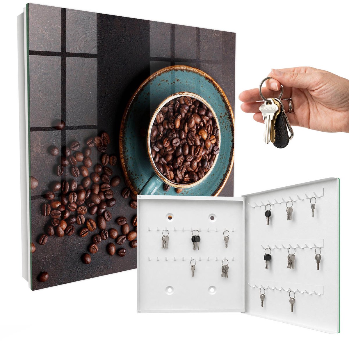 WallMuralia - Sleutelkast - 30x30x5 cm - met 50 haken - Koffiebonen Sleutelkastje Modern - Bruin Sleutelbox - Rechtsopenend - Wit interieur