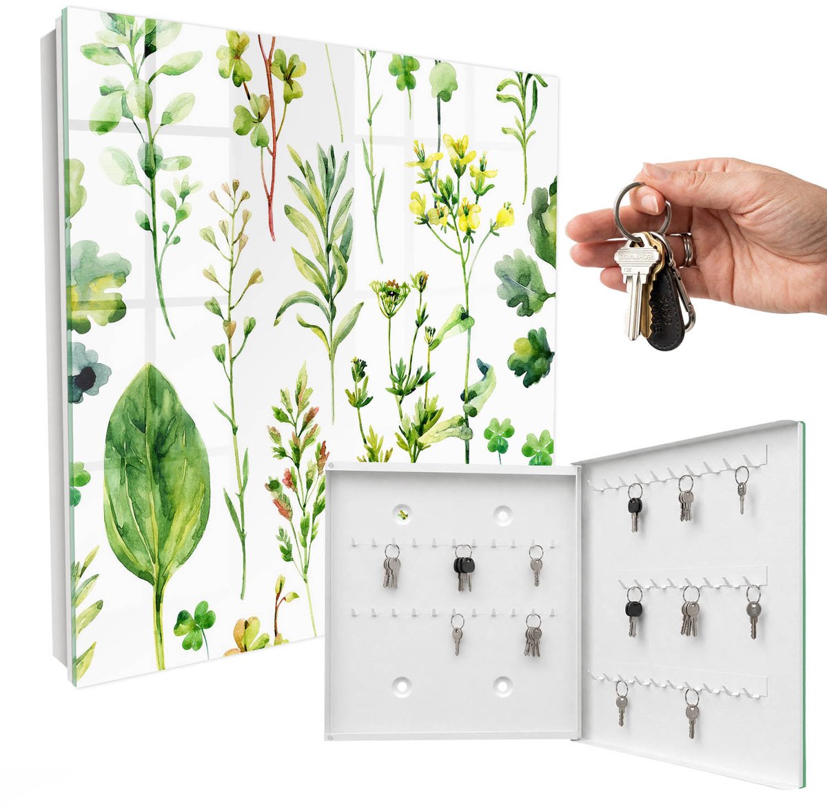 WallMuralia - Sleutelkast - 30x30x5 cm - met 50 haken - Plantenaquarel Sleutelkastje - Groente Sleutelbox - Rechtsopenend - Wit interieur